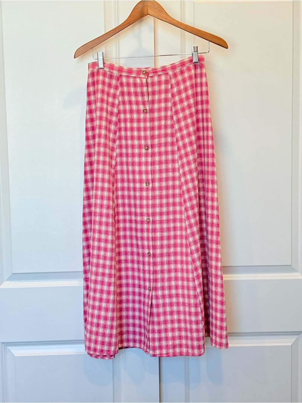 Vintage Silk Exchange Pink Gingham Button-Front Midi Skirt